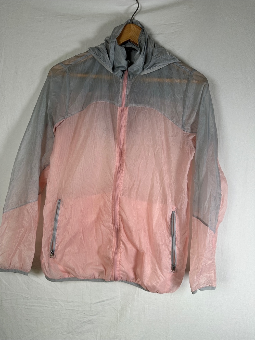 Ambiance Pink and Gray Lightweight Hooded Windbreaker Jacket.